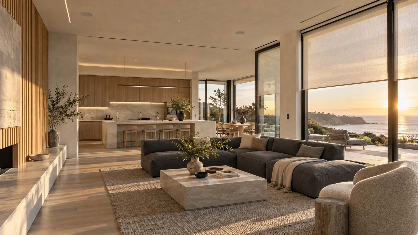 Concept interior showing layered lighting, roller shades, discreet speakers, and wall controls